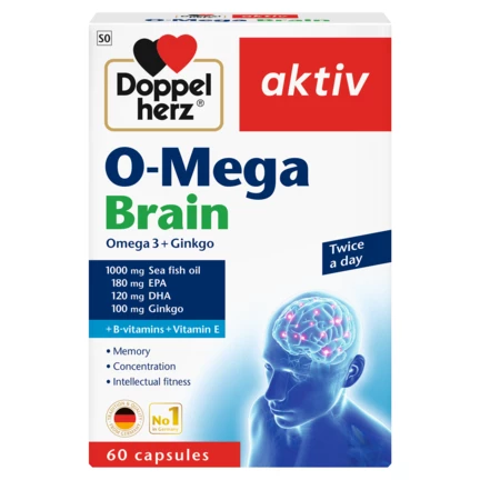 Illustration of the product packaging Doppelherz aktiv O-Mega Brain front view